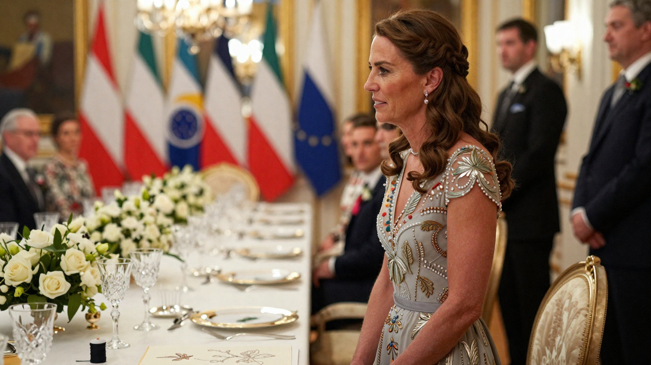 Femme élégante en robe brodée lors d'un dîner officiel, tableau de drapeaux et invités à table.