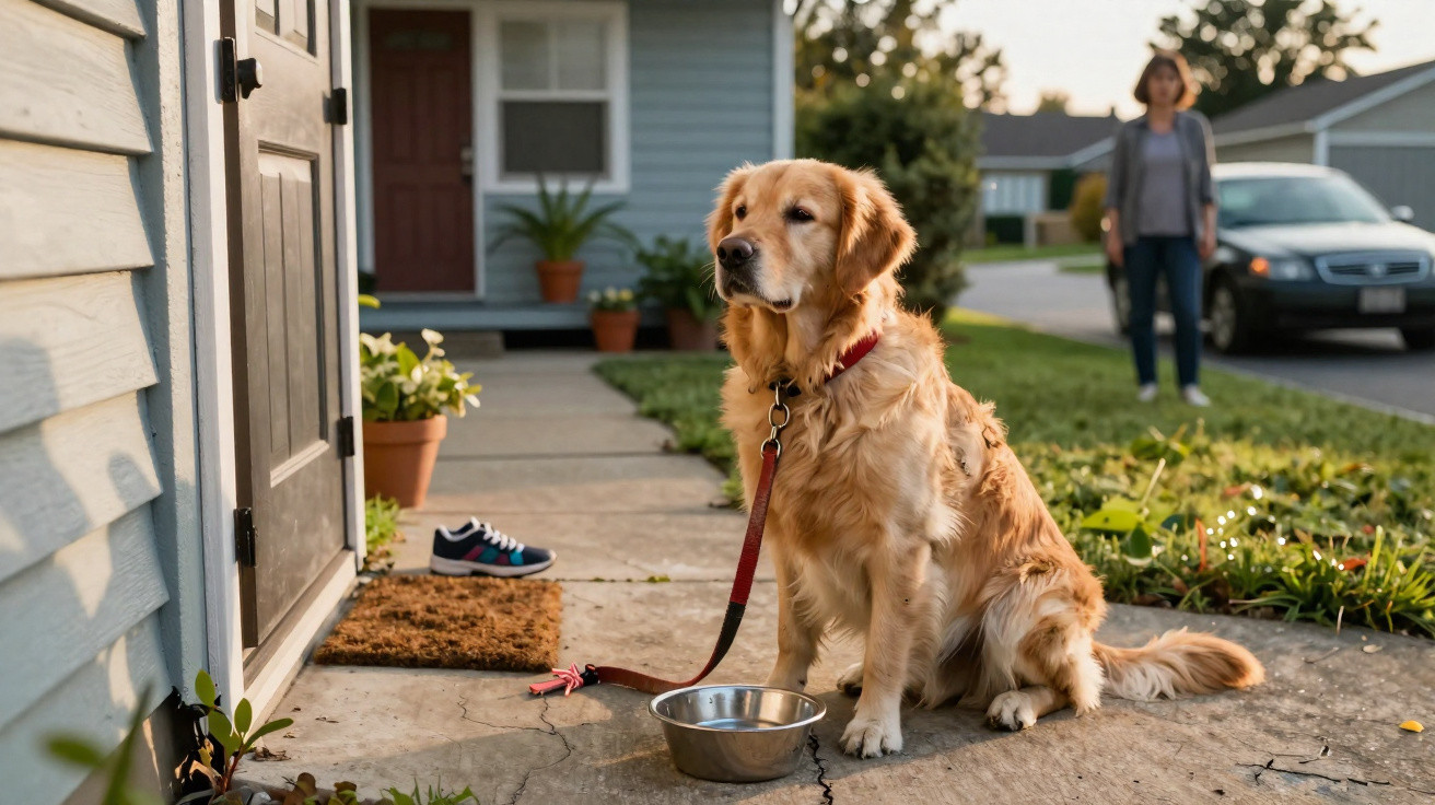 Chien golden retriever attaché devant une maison avec un bol d'eau, une femme debout au loin.