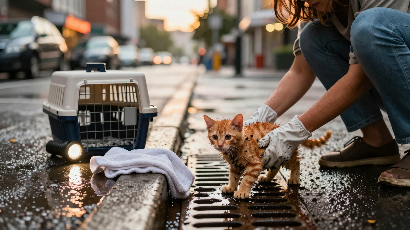 Chaton roux mouillé sur un trottoir, une personne en gants le recueille près d’une cage de transport et une serviette.