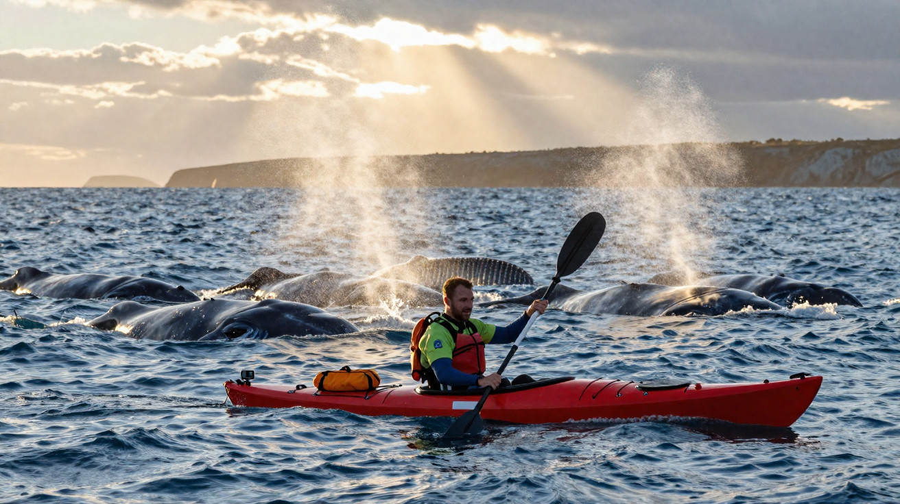 Un homme en kayak rouge pagayant près d'un groupe de baleines soufflant dans l'océan au coucher du soleil.