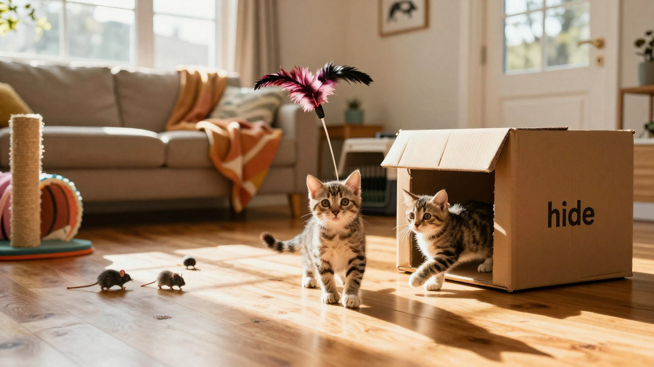 Deux chatons tigrés jouant près d’un carton marqué "hide" avec des jouets souris sur un sol en bois.