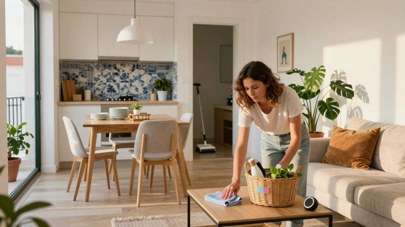 Femme nettoyant une table basse dans un salon moderne et lumineux avec cuisine ouverte et plantes vertes.