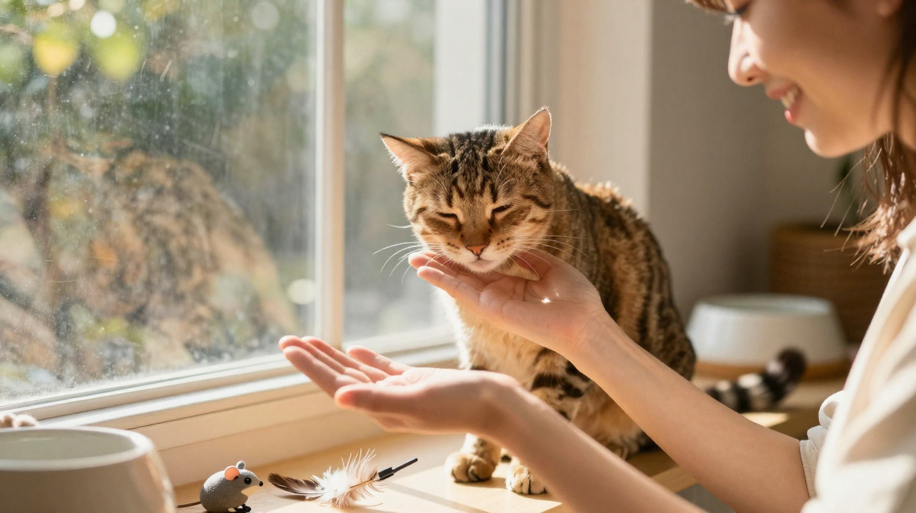 Femme caressant un chat tigré sur un rebord de fenêtre ensoleillé avec jouets devant eux.