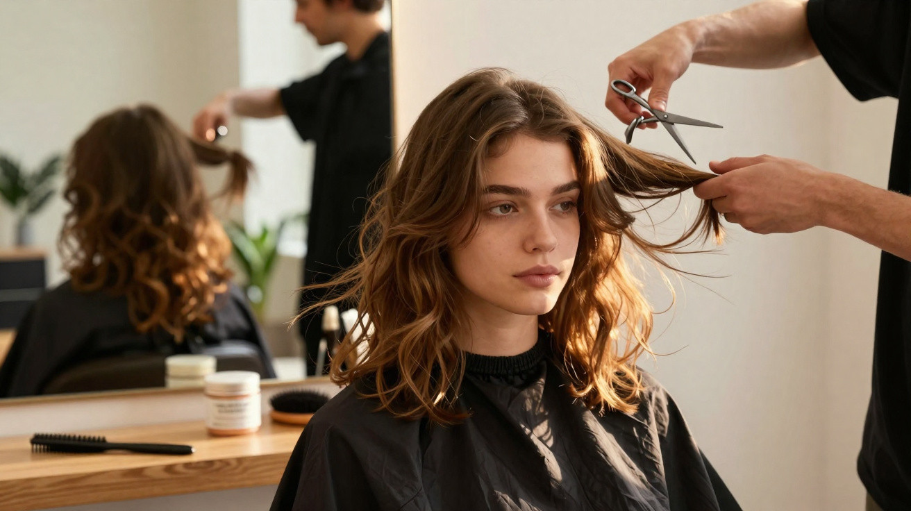 Jeune femme aux cheveux longs en train de se faire couper les cheveux dans un salon de coiffure moderne.