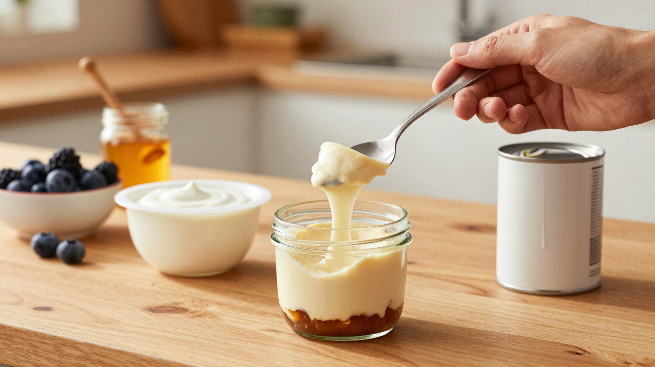 Cuillère versant une sauce épaisse dans un pot en verre, avec fruits, yaourt et boîte en arrière-plan.