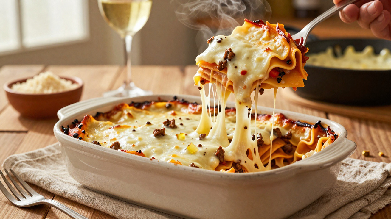 Plat de lasagnes fumantes avec fromage fondant tiré par une fourchette, verre de vin en arrière-plan.