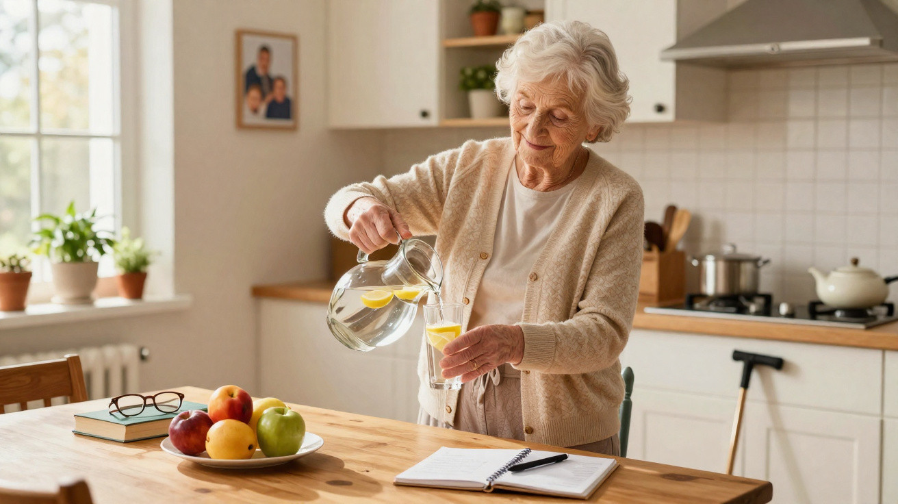 Femme âgée versant de l’eau citronnée dans un verre dans une cuisine lumineuse avec fruits et carnet sur la table.