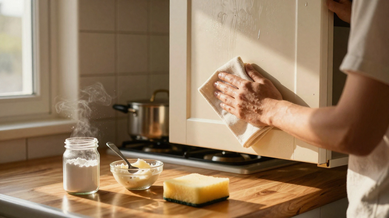 Une personne nettoie à la main une porte de placard de cuisine avec un chiffon beige, lumière naturelle.