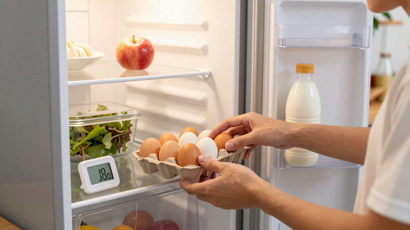 Une personne range des œufs dans un réfrigérateur contenant une pomme, une bouteille de lait et une salade.