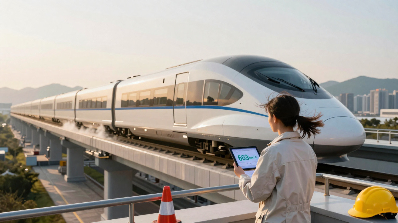 Femme contrôlant la vitesse d’un train à grande vitesse sur une voie surélevée au coucher du soleil.