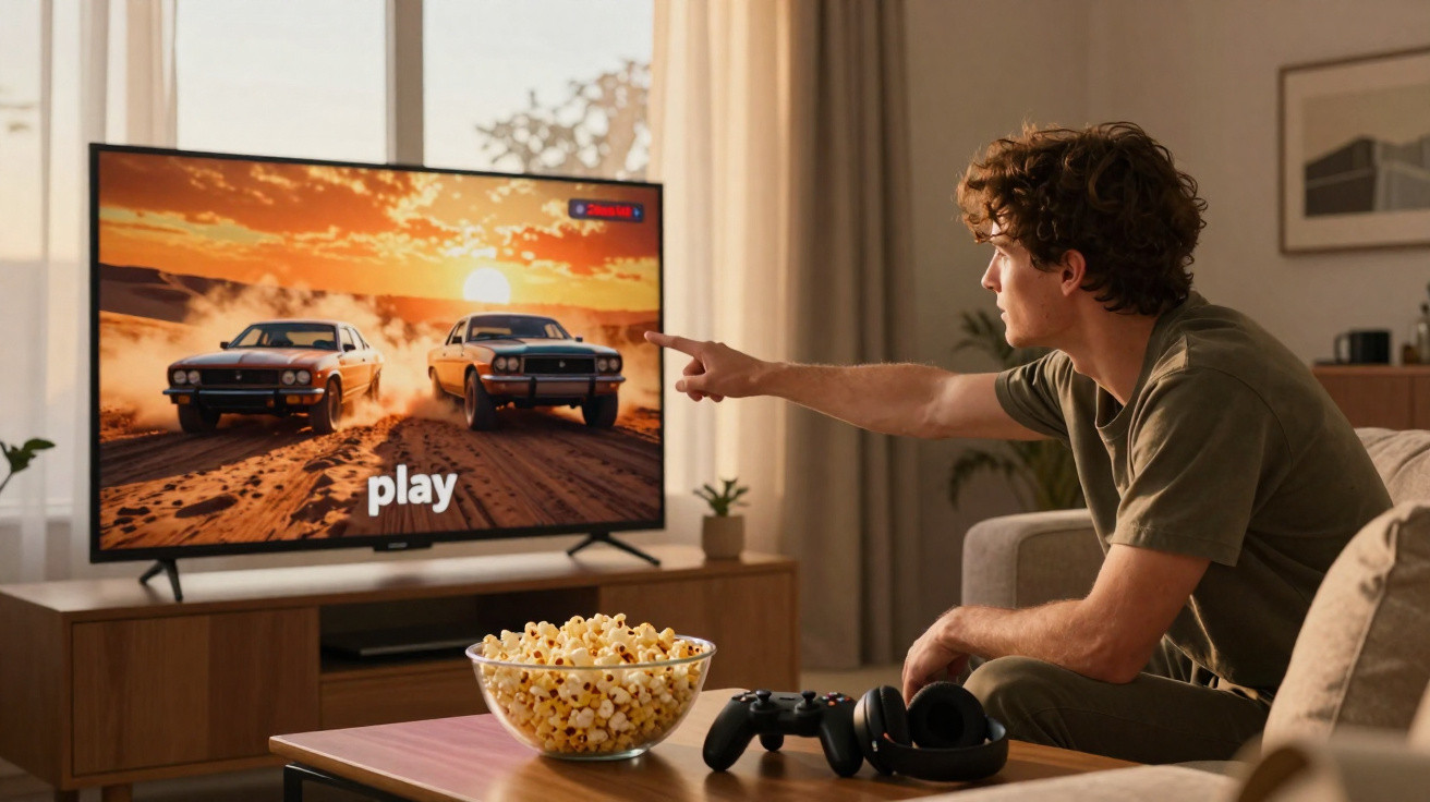 Jeune homme assis dans un salon pointant vers une télévision affichant un jeu de course, avec bol de pop-corn et manette.