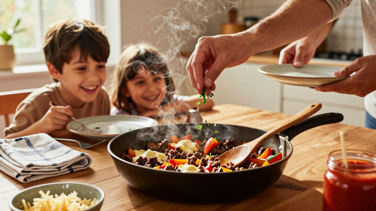 Deux enfants souriants regardent un plat fumant de légumes et viande préparé par un adulte en cuisine.
