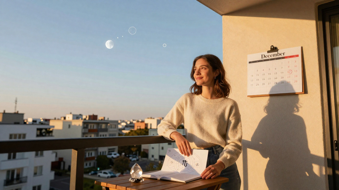 Jeune femme souriante sur un balcon au coucher du soleil avec un calendrier de décembre et un livre ouvert.