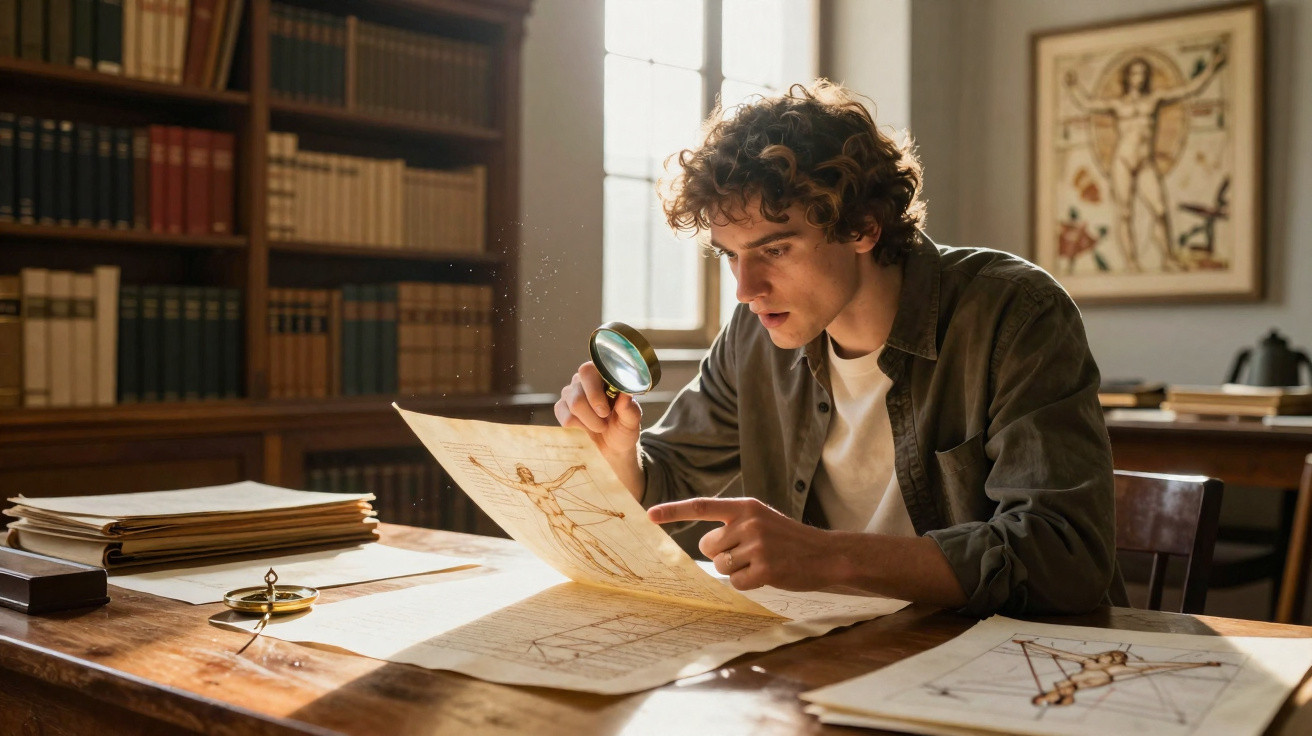 Jeune homme étudiant un dessin de l'homme de Vitruve à la loupe dans une bibliothèque ensoleillée.