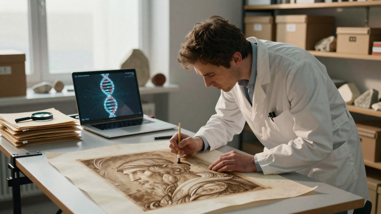 Un scientifique en blouse blanche dessine un portrait ancien au crayon sur une grande feuille sur une table.