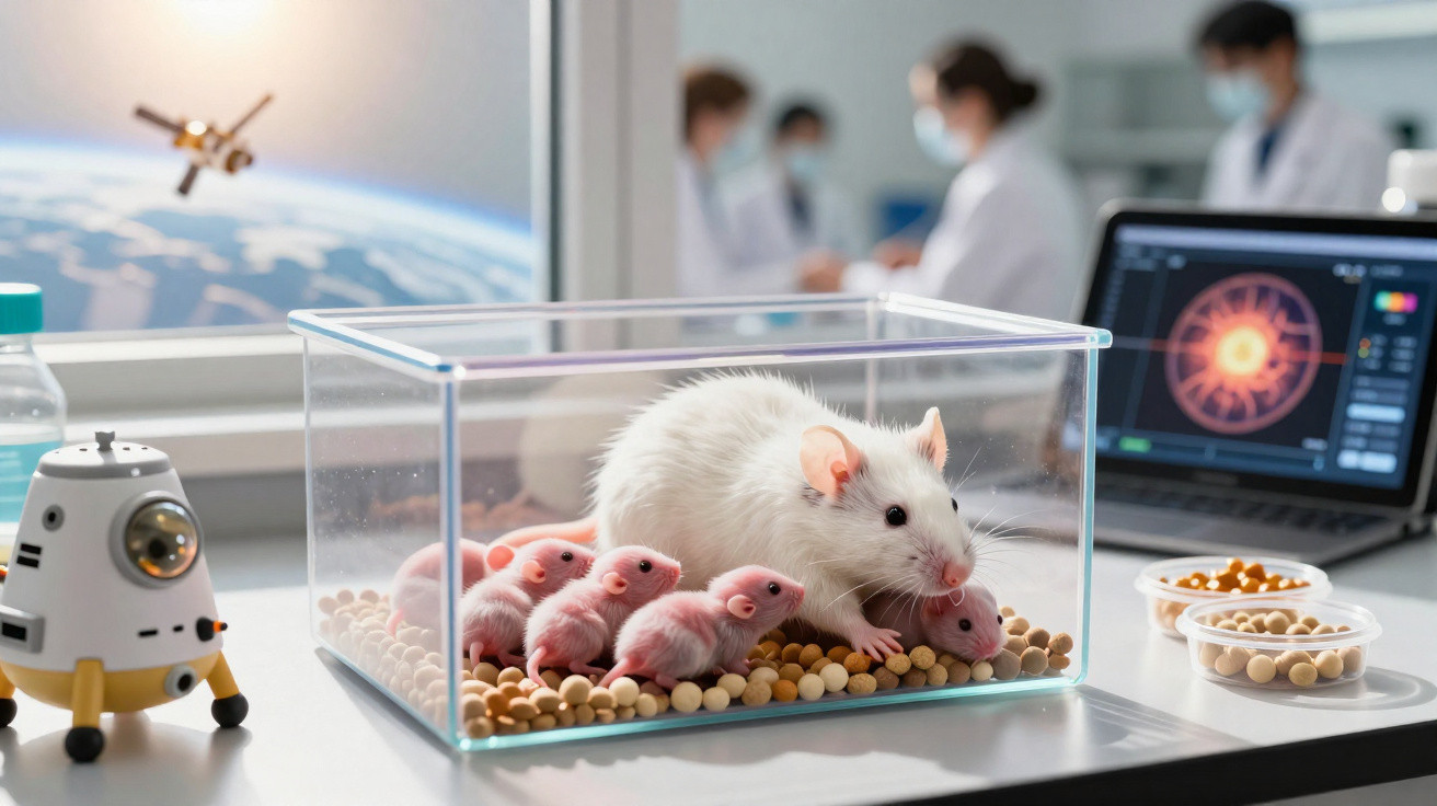 Souris blanche avec ses bébés dans un terrarium en laboratoire scientifique futuriste avec chercheurs en arrière-plan.