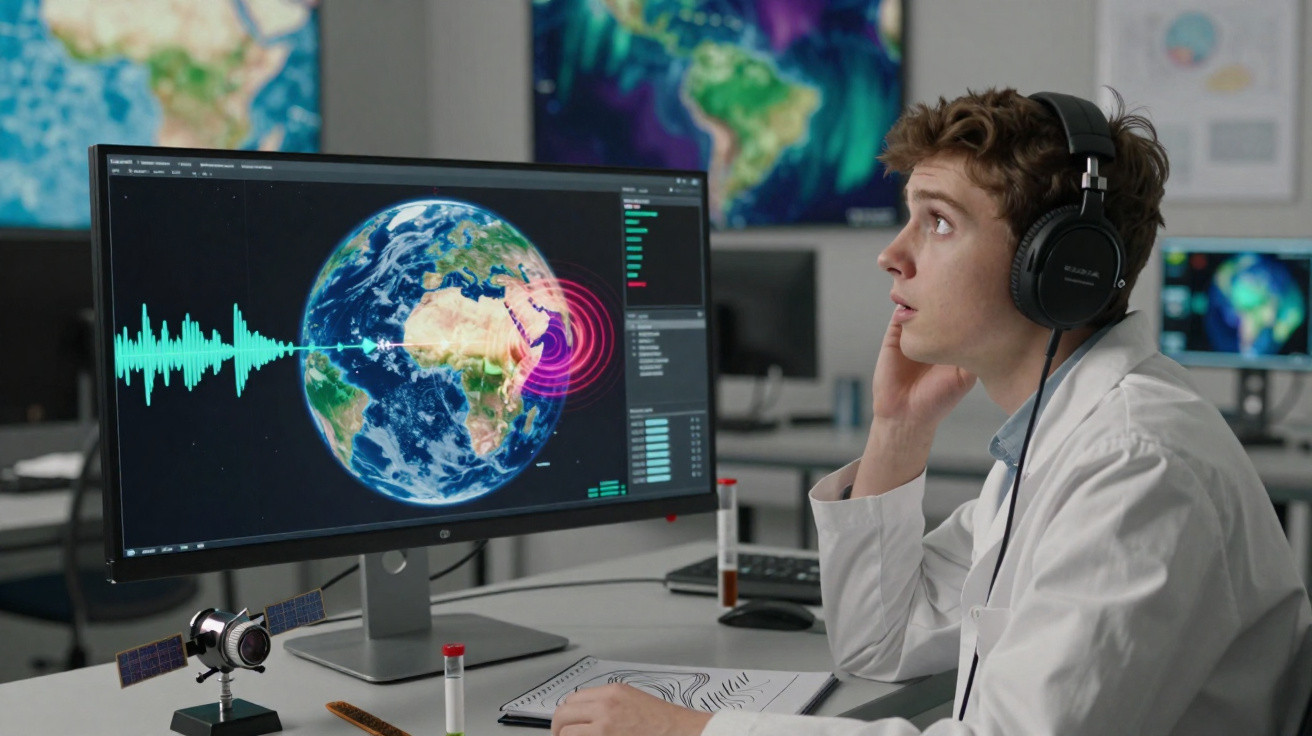 Jeune scientifique avec casque analysant un séisme sur la carte interactive de la Terre en laboratoire.