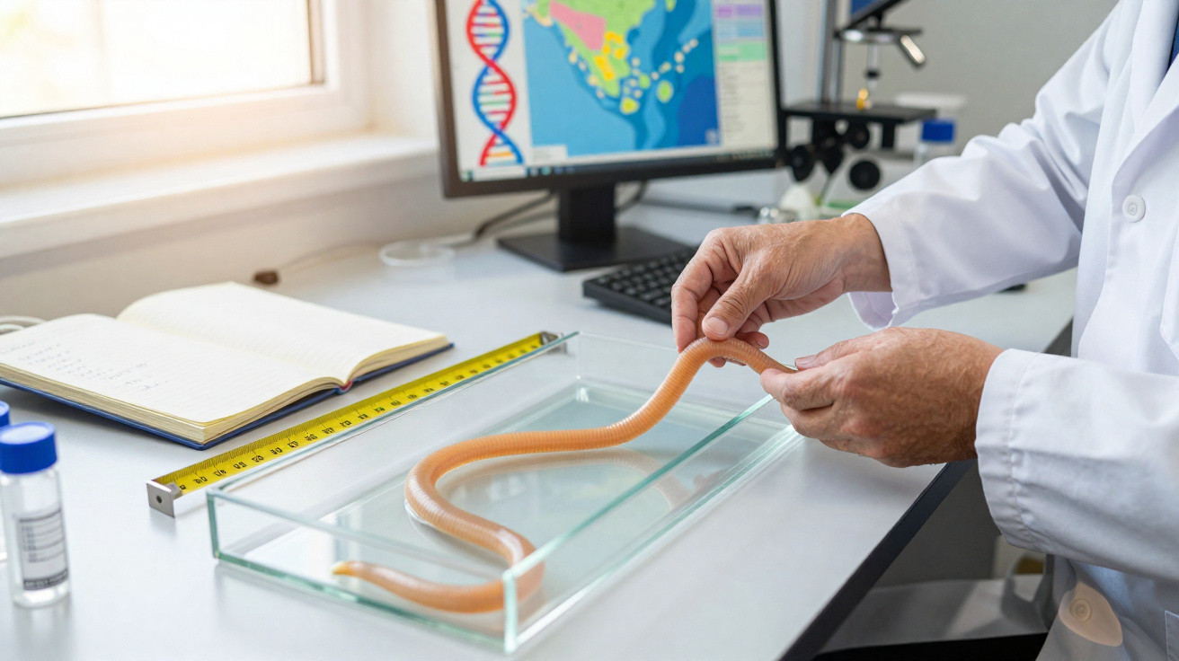 Scientifique en blouse blanche tenant un serpent dans un laboratoire avec microscope et écran d'ordinateur.