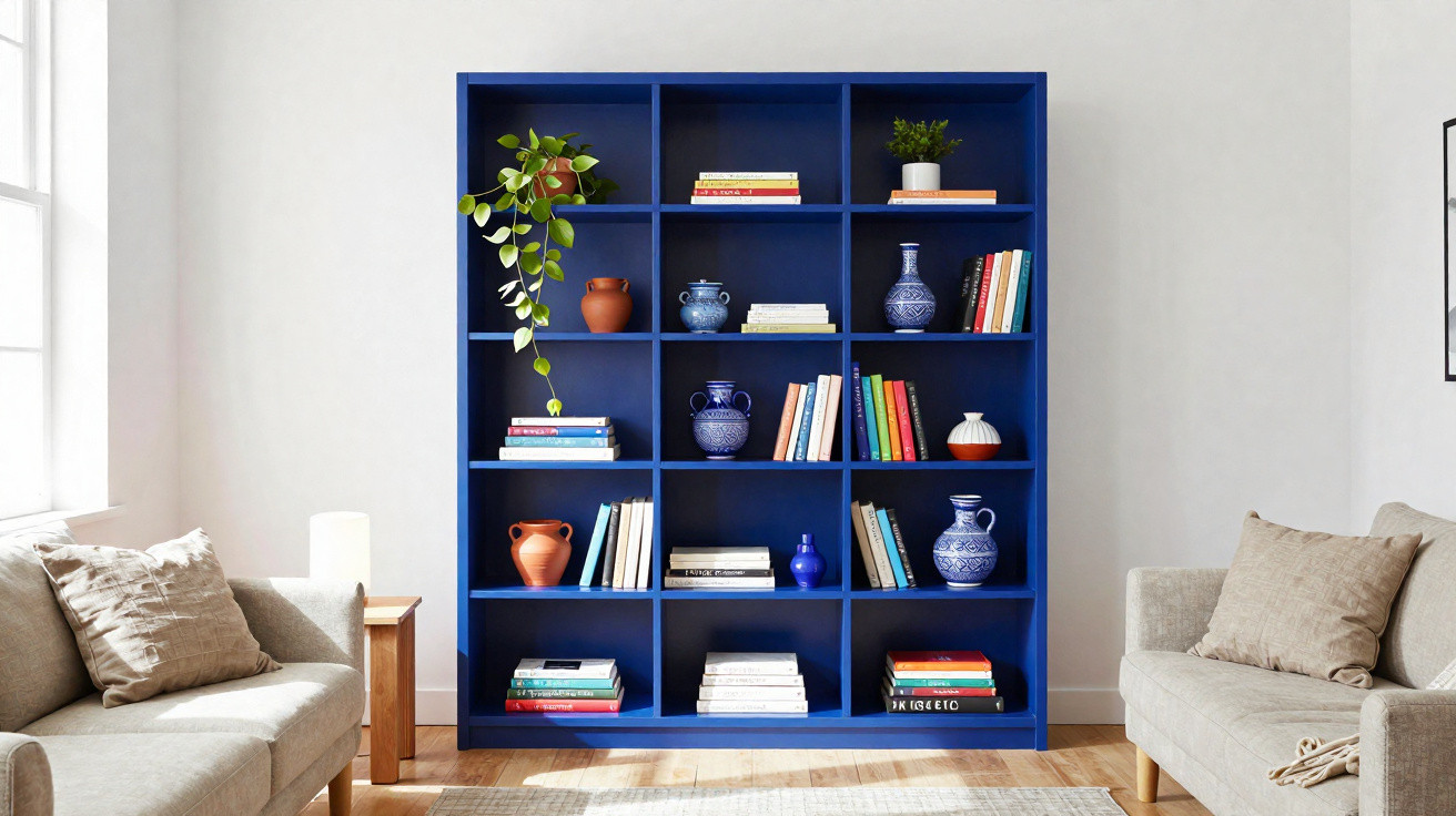 Bibliothèque bleue avec livres, poteries bleues et plantes dans un salon lumineux avec deux canapés beiges.