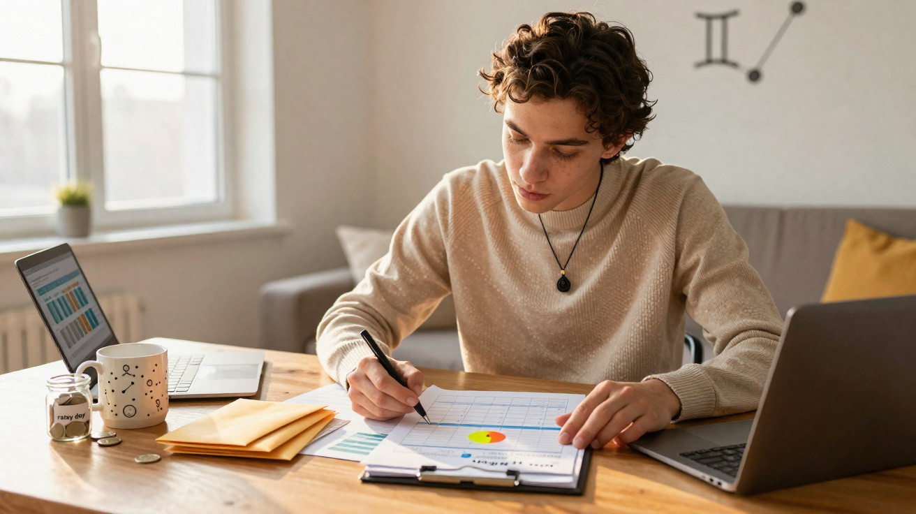 Jeune homme concentré travaillant sur des graphiques et des documents avec deux ordinateurs portables sur une table en bois.