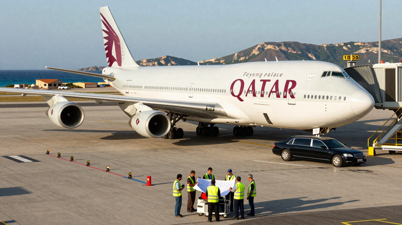 Avion Qatar Airways stationné à l'aéroport avec équipe au sol en gilets jaunes discutant près de la passerelle.