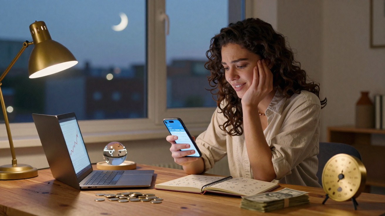 Femme souriante travaillant de nuit avec un ordinateur, un téléphone, un carnet et une lampe allumée sur un bureau en bois.