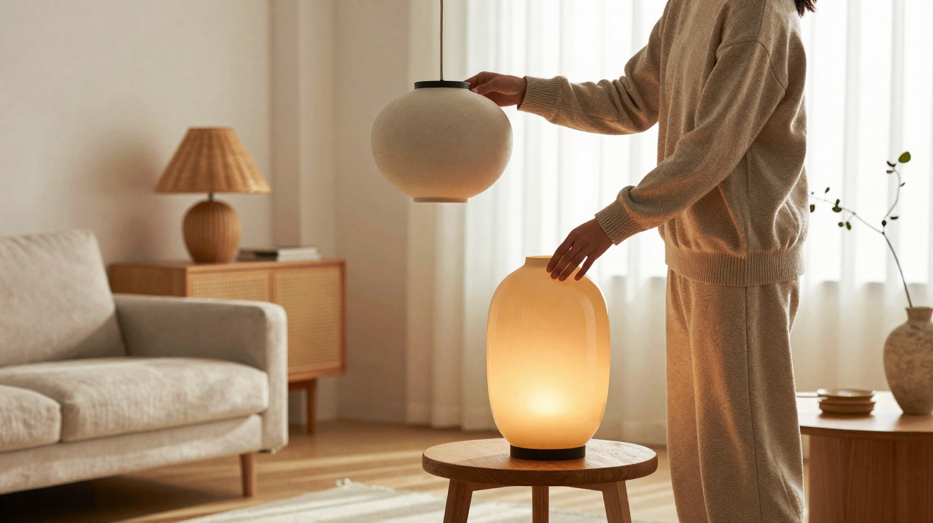 Personne ajustant des lampes dans un salon cosy aux tons beiges avec mobilier en bois naturel.