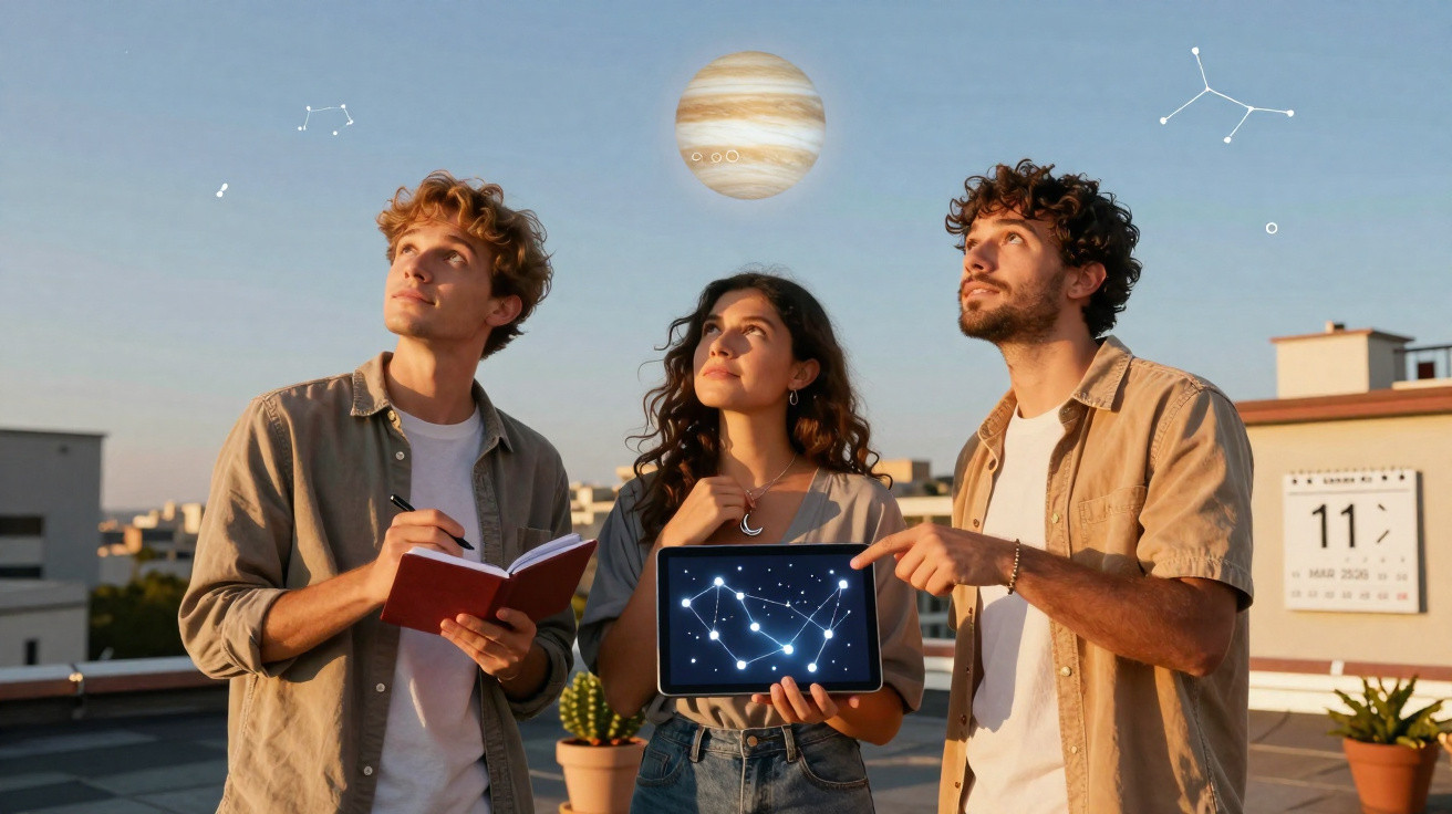 Trois jeunes observant le ciel avec une tablette montrant une constellation, des dessins planétaires en arrière-plan.