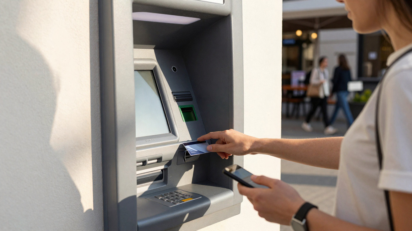 Personne insérant une carte bancaire dans un distributeur automatique de billets en extérieur.