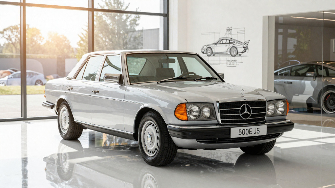 Voiture classique Mercedes-Benz 500E grise exposée dans une salle lumineuse avec sol réfléchissant.