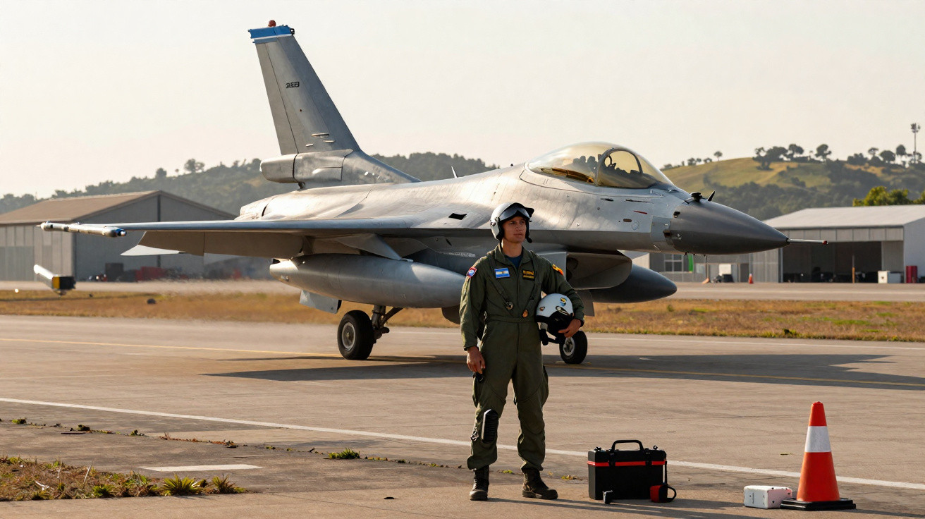 Un pilote en combinaison de vol verte avec casque à la main, debout près d’un avion de chasse F-16 sur une piste.