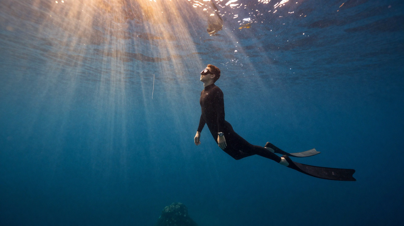 Plongeur en combinaison noire nageant sous l'eau vers la surface avec des rayons de lumière traversant l'océan.