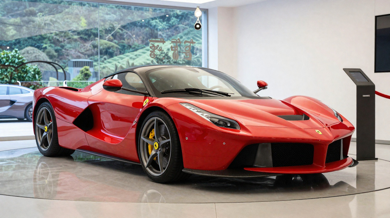 Voiture de sport Ferrari sportive rouge exposée dans un showroom lumineux avec grandes fenêtres vitrées.