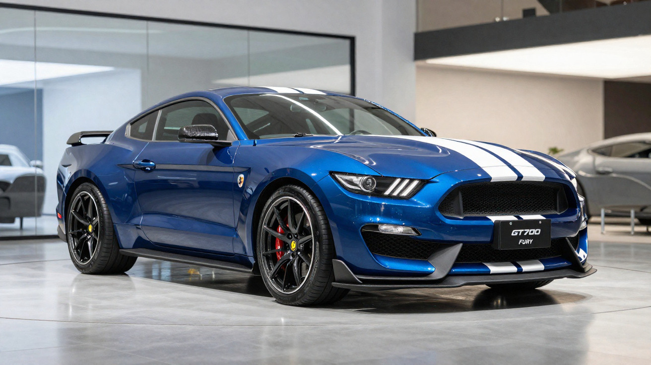 Voiture de sport bleue Ford Mustang GT700 Fury avec bandes blanches, exposée dans un showroom moderne.