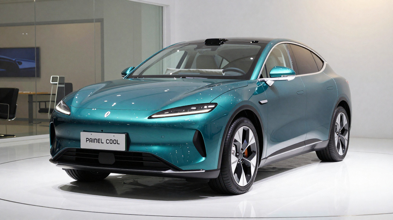 Voiture électrique berline bleue métallisée exposée sur un plateau blanc dans un showroom moderne.