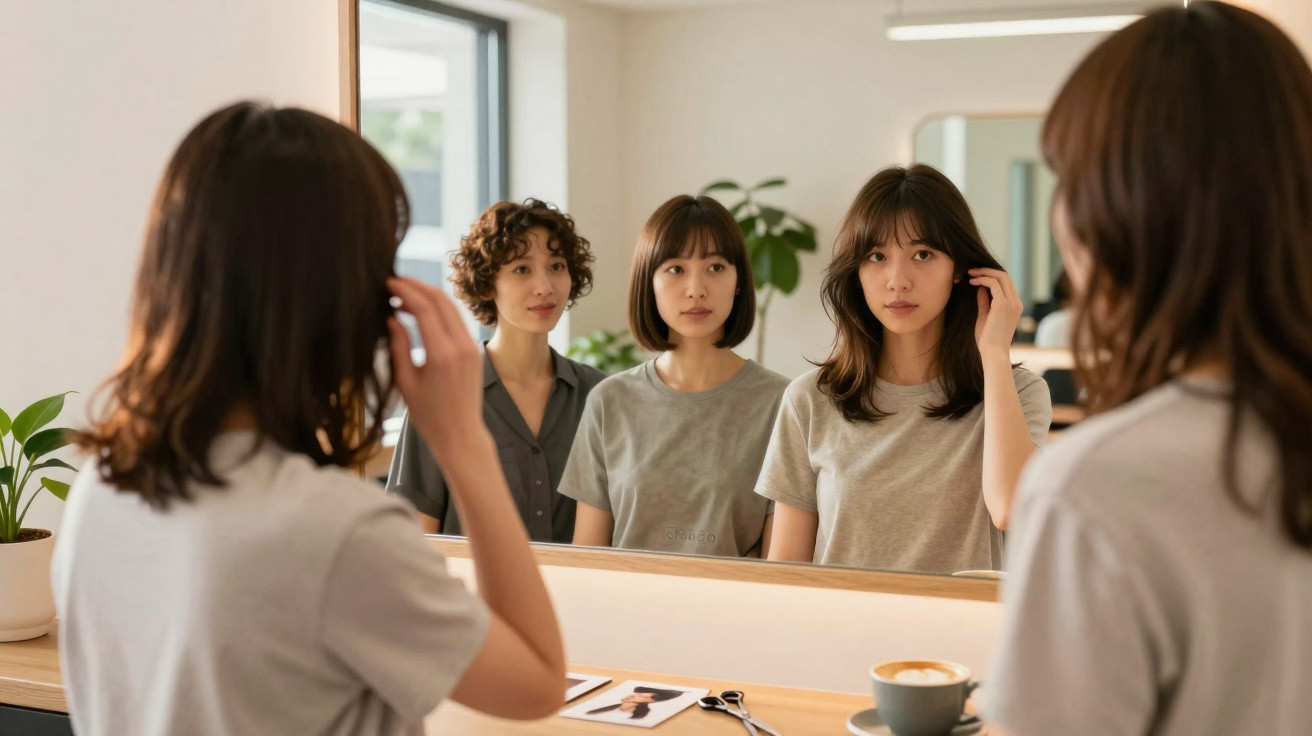 Trois jeunes femmes regards dans un miroir, pièce lumineuse avec plante et tasse de café.