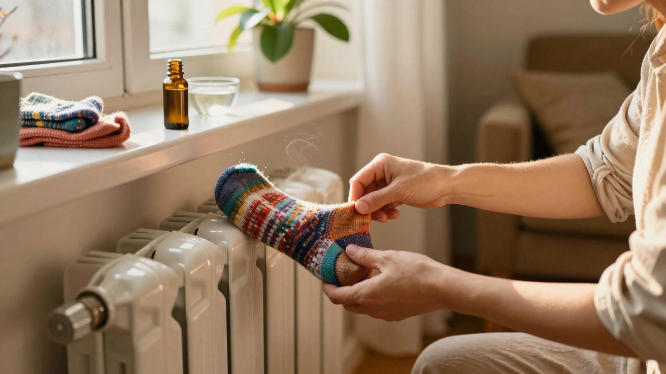 Une personne chauffe une chaussette colorée sur un radiateur blanc près d'une fenêtre.