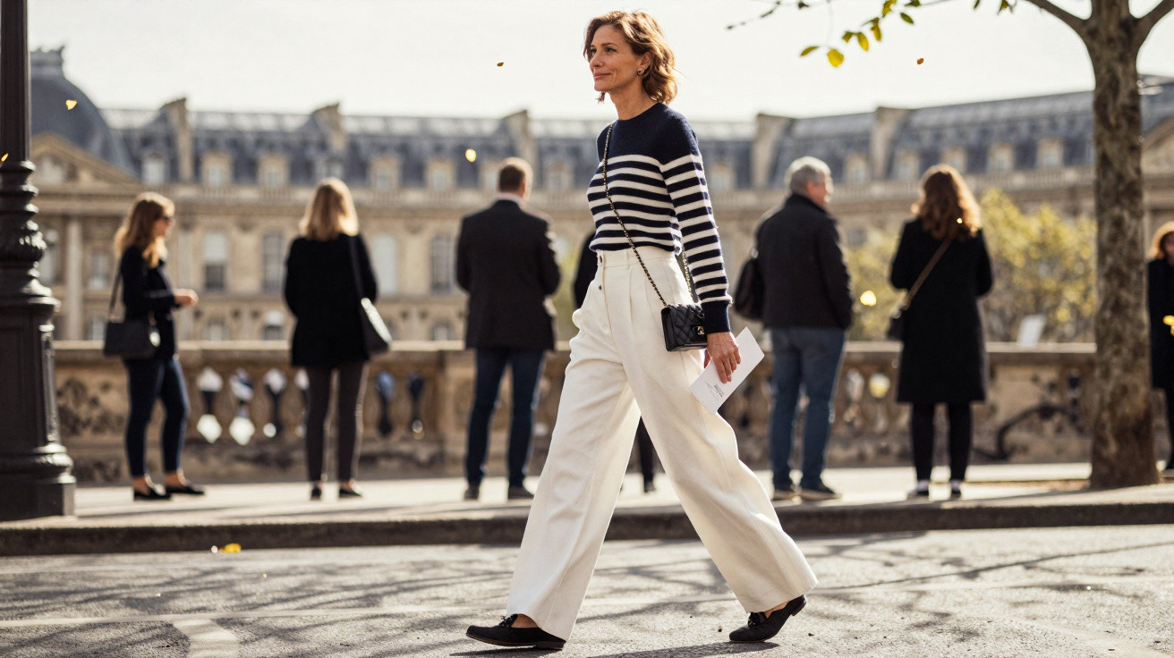 Femme en pantalon blanc et pull rayé marchant dans une rue urbaine avec des passants flous en arrière-plan.