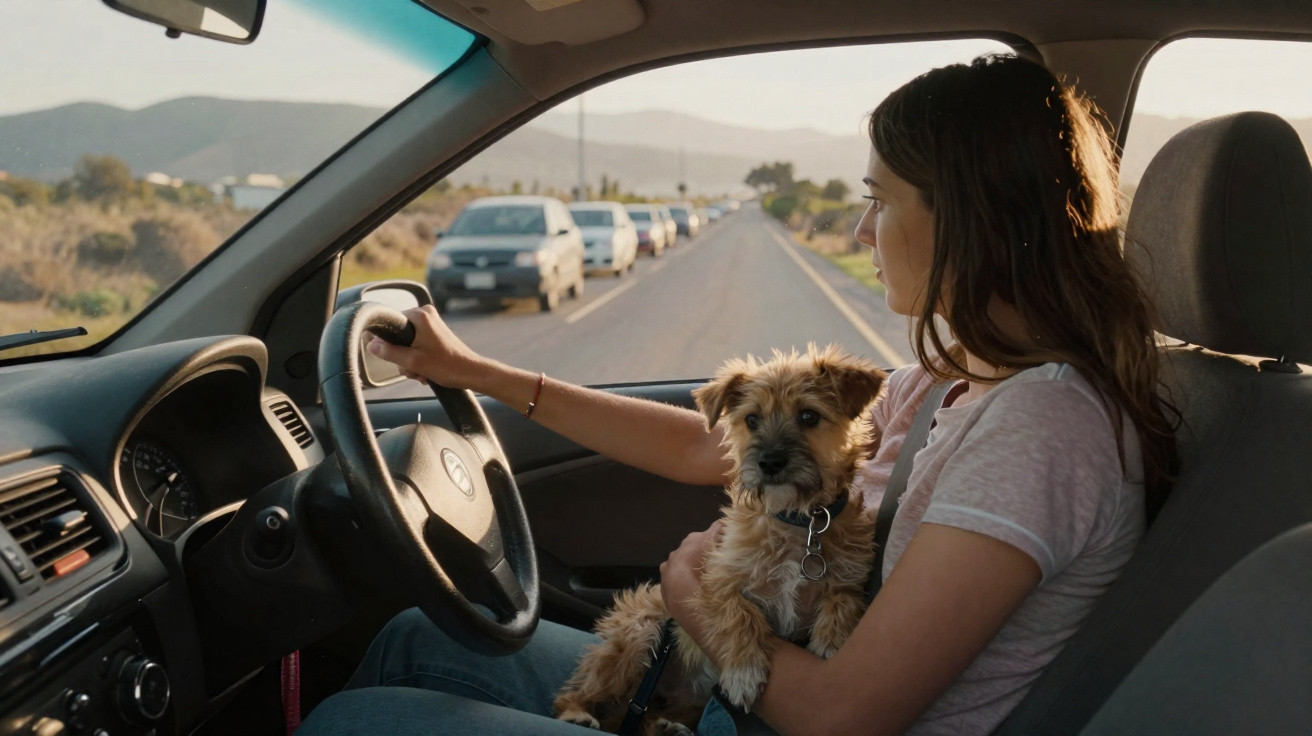 Femme conduisant une voiture sur une route avec un petit chien brun dans ses bras.