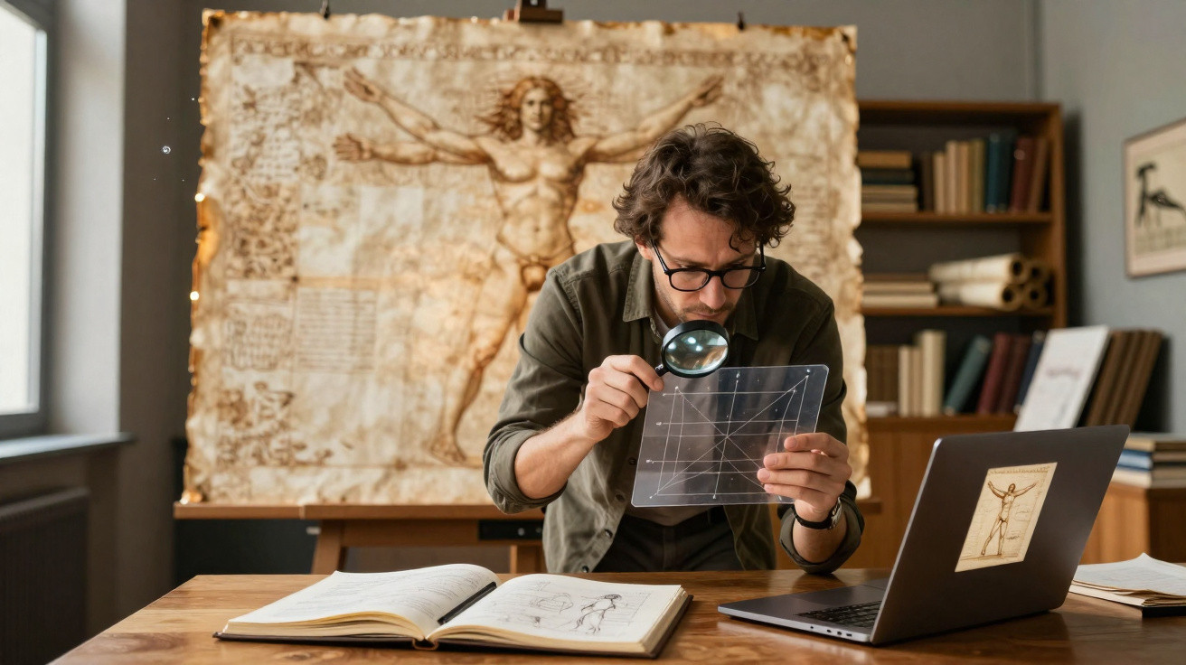 Homme examinant une grille transparente avec une loupe, bureau avec livres et dessin de l’Homme de Vitruve en arrière-plan.