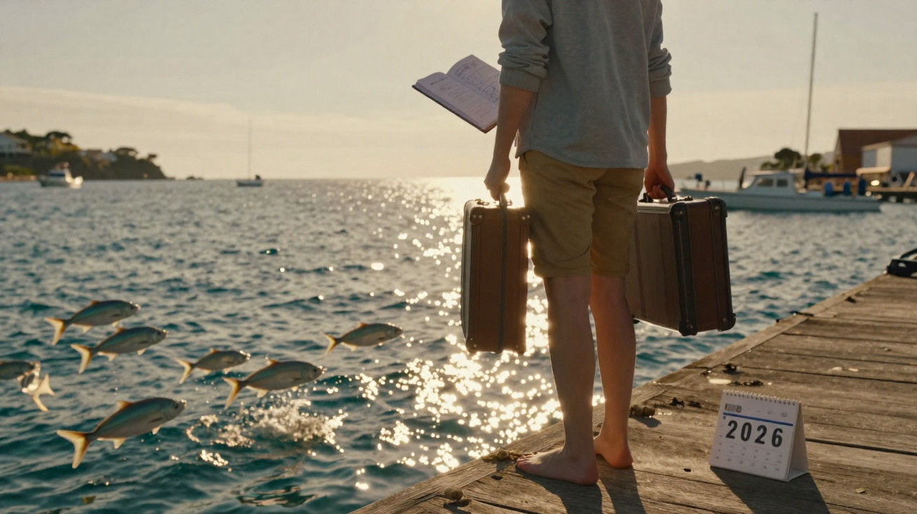 Personne pieds nus sur un quai au coucher du soleil, tenant deux valises et un carnet, avec un calendrier 2026.