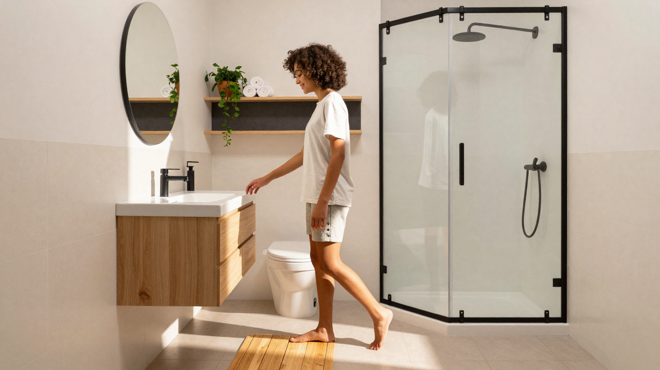 Jeune femme debout devant un lavabo dans une salle de bain moderne avec douche vitrée et miroir rond.