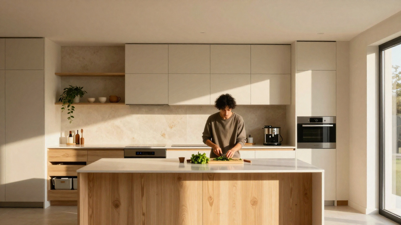 Personne préparant des légumes dans une cuisine moderne lumineuse avec îlot central en bois clair.