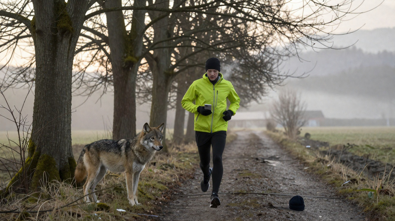 Un homme en tenue de sport verte court sur un chemin rural avec un grand chien ressemblant à un loup à ses côtés.