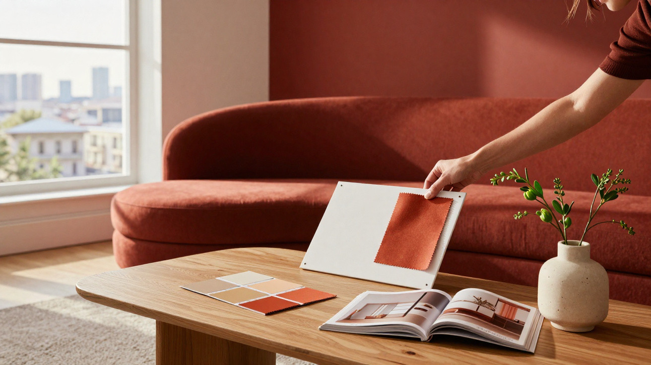 Personne choisissant un échantillon de tissu orange sur une table basse avec un canapé rouge en arrière-plan.