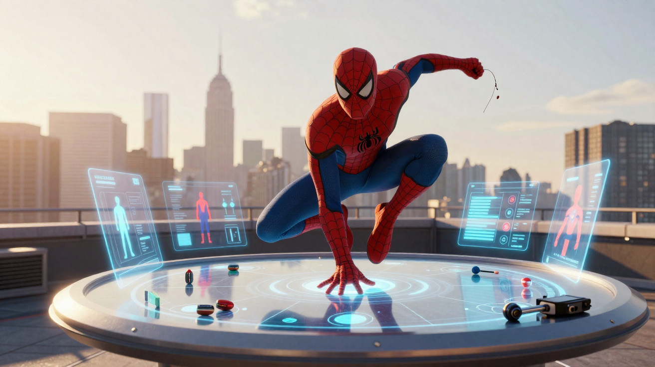 Spider-Man en costume classique, accroupi sur une table futuriste avec hologrammes en ville au coucher du soleil.