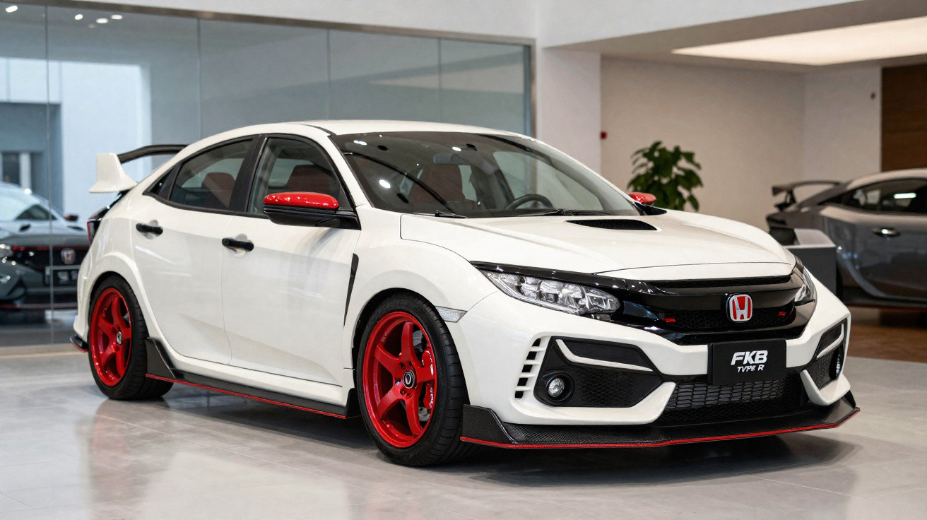 Voiture Honda Civic Type R blanche avec jantes rouges et détails rouges exposée en intérieur.