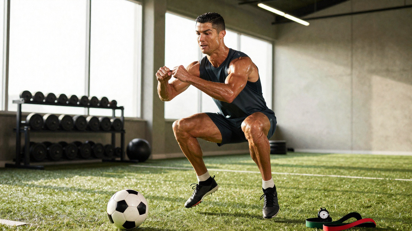 Homme en tenue sportive effectuant un exercice de squat devant un ballon de football en salle d'entraînement.