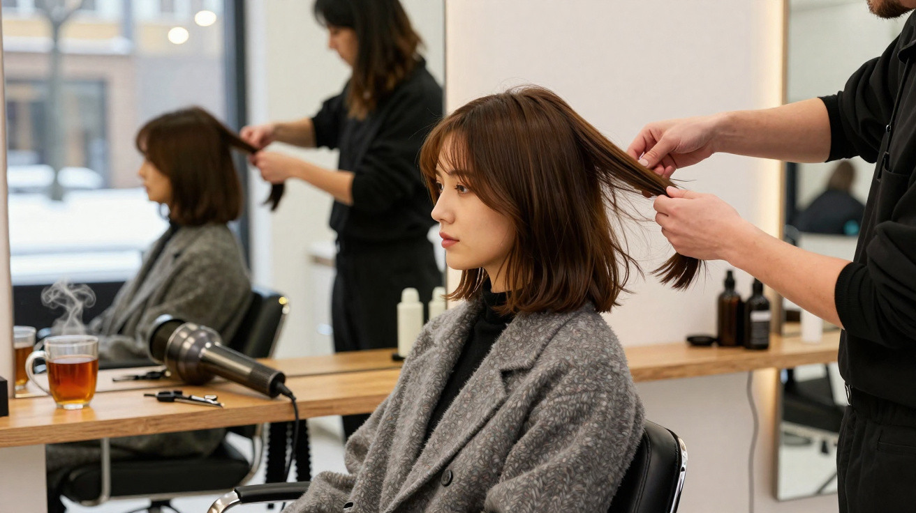 Femme assise chez le coiffeur, un professionnel tient ses cheveux pour une coupe ou un coiffage.
