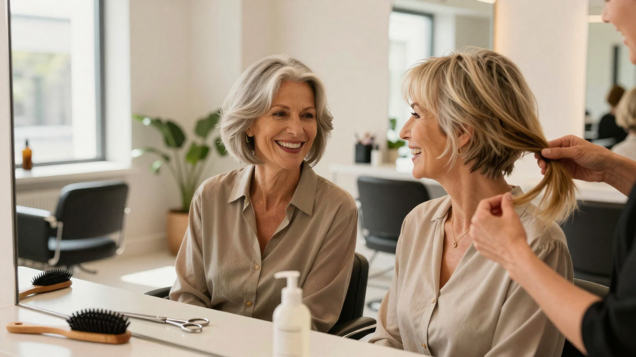 Deux femmes souriantes en salon de coiffure, l’une coiffe les cheveux de l’autre assise devant un miroir.